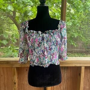 ASTR The Label Women's Colorful Floral Smocked Crop Top Size L